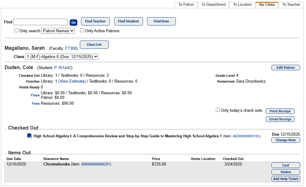 Check Out By Class with a teacher selected.